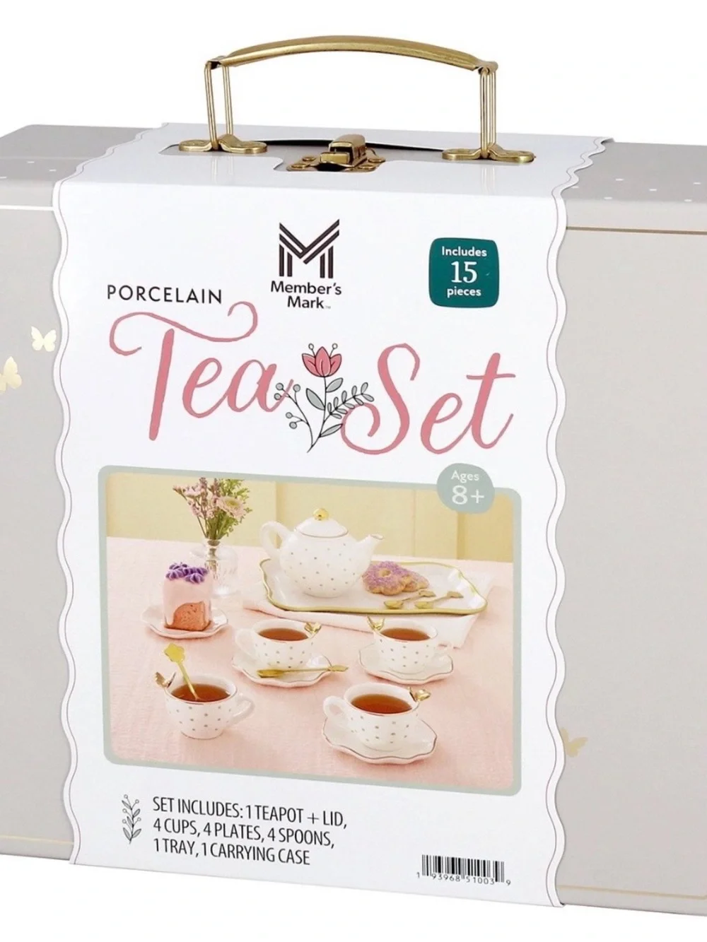 NIB! Elegant White and Gold Polka Dot Porcelain Tea Set - 4 Cup Service